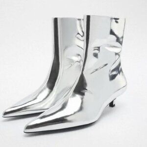 Zara Silver Kitten Heel Booties